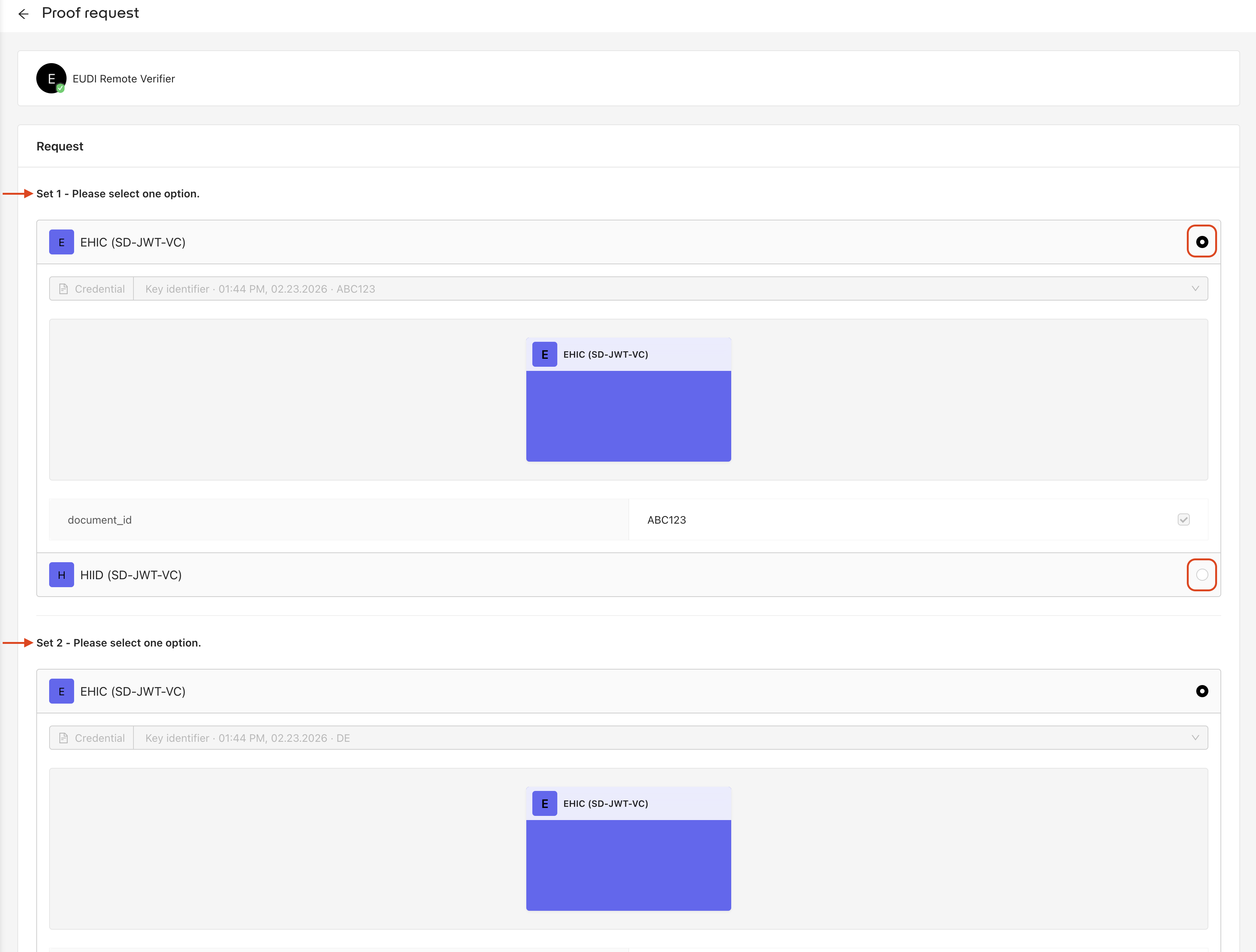 Proof request containing two credential sets, each with options for responding